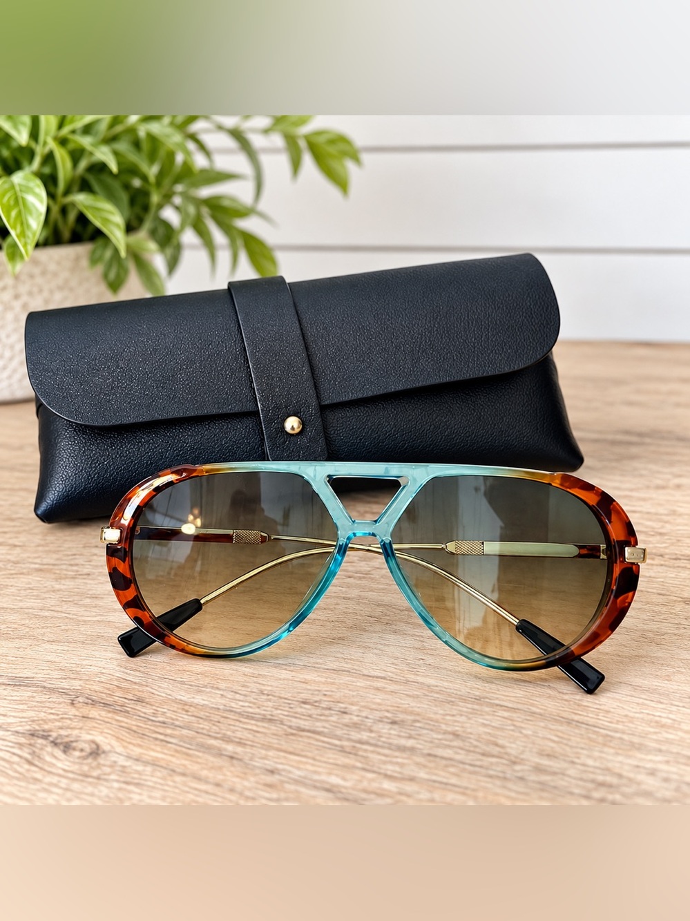 🕶️ NEW Jack Hafford Panther Aviator Sunglasses Tortoise Aqua Gold